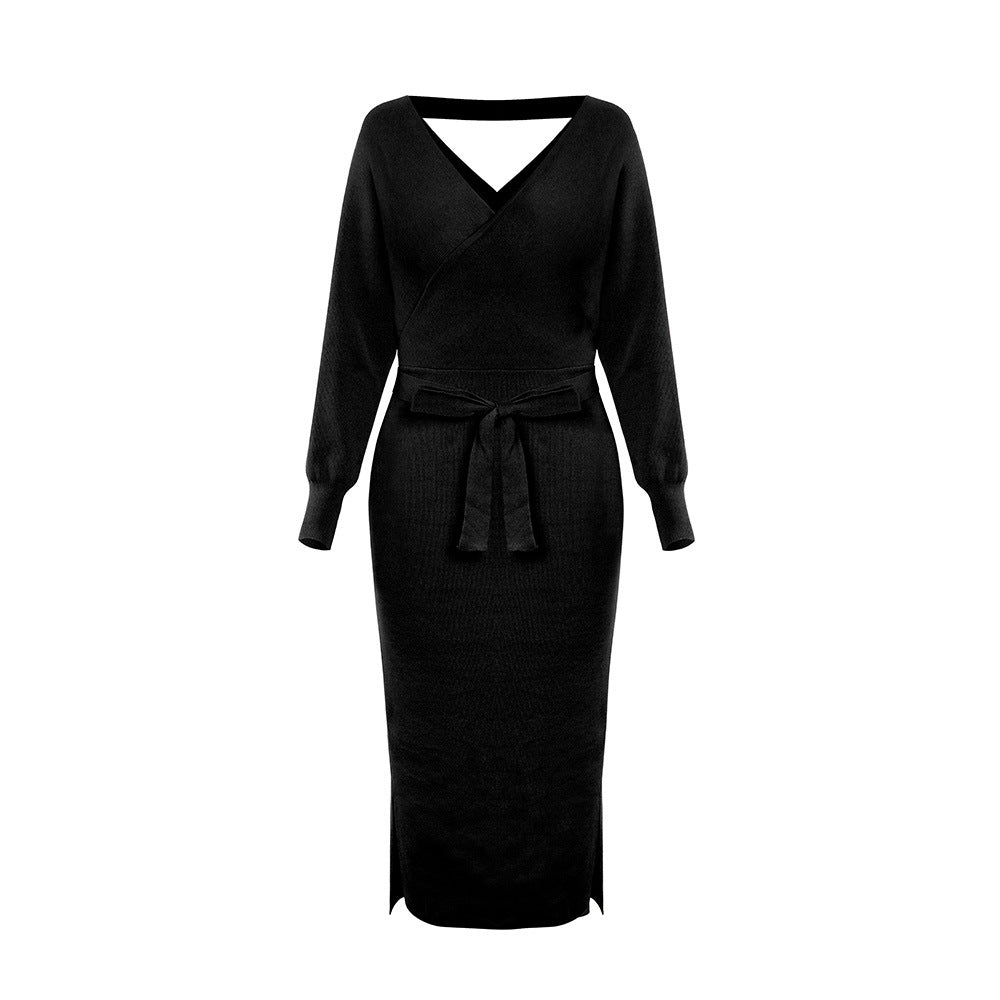Yara Drape Knit Midi Sweater Dress Black