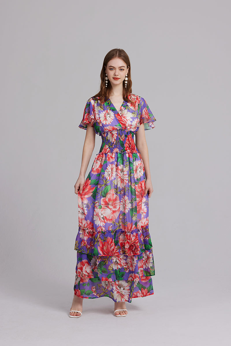 V Neck Ruffled Short Sleeve Stretch High Waisted Princess Style Print Long Dress