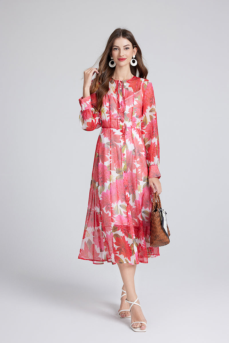 Gorgeous Red Flower Print Elegant High End Dress Sling Set