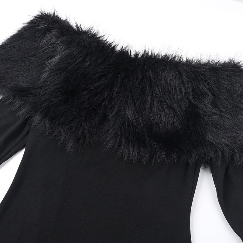 Onyx Fur Midi Dress Black