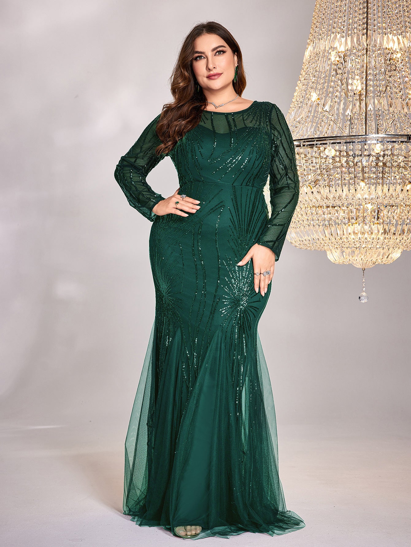 Plus Size Dress Long Sleeve round Neck Slim Fit Fishtail Bridesmaid Cocktail Evening Dress for Toasting Women Elegant