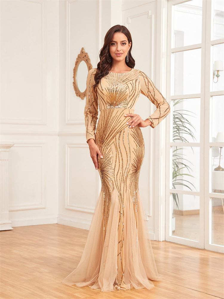 Dress Long Sleeve round Neck Slim Fit Fishtail Bridesmaid Cocktail Evening Dress for Toasting Women Elegant