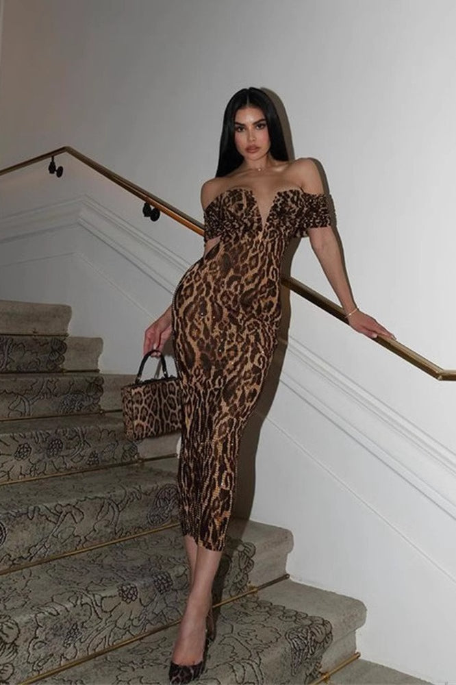 V Neck Off Shoulder Sequin Midi Dress