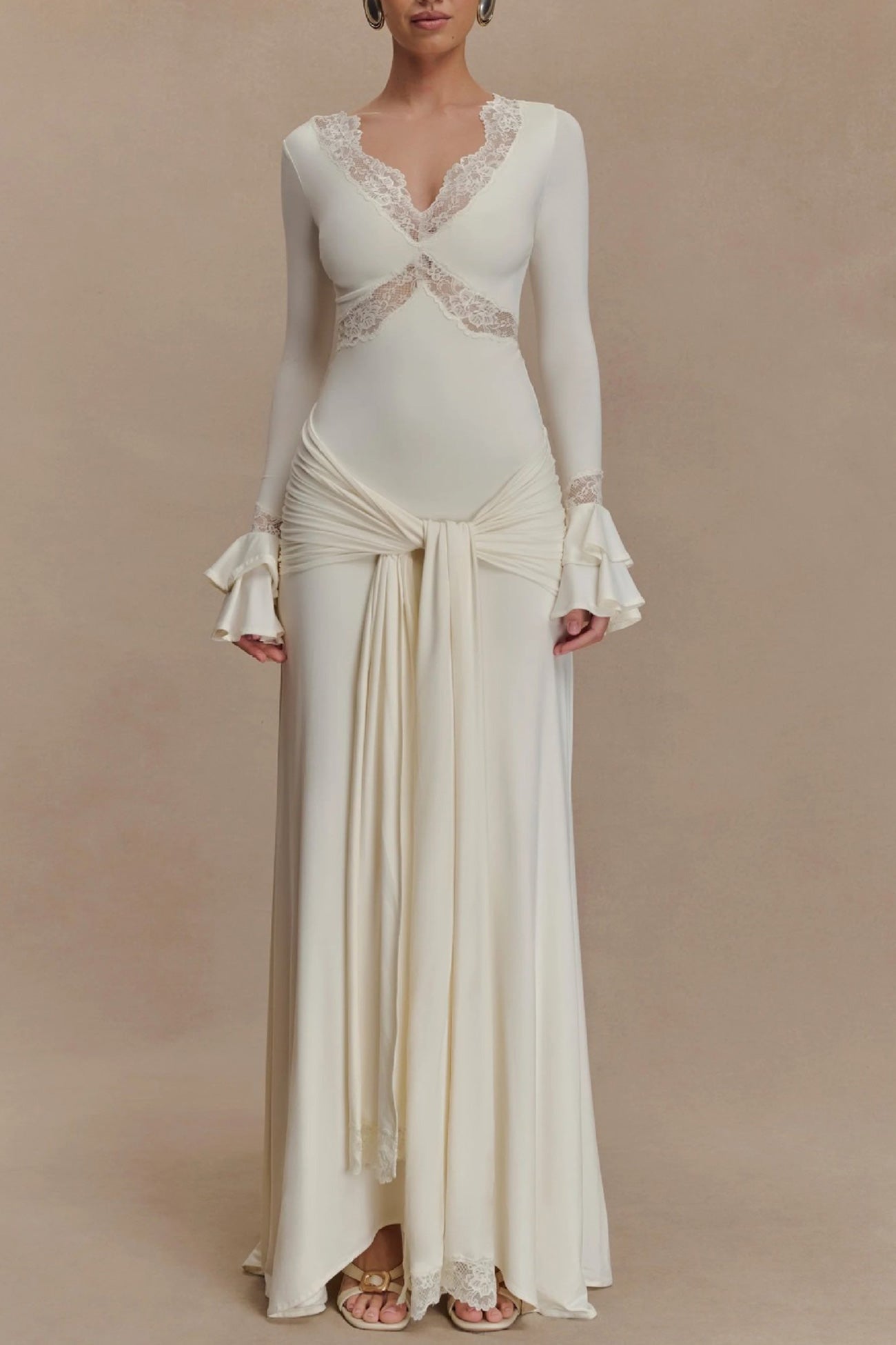 Lace Patchwork Flare Sleeve Tie up Maxi Dress