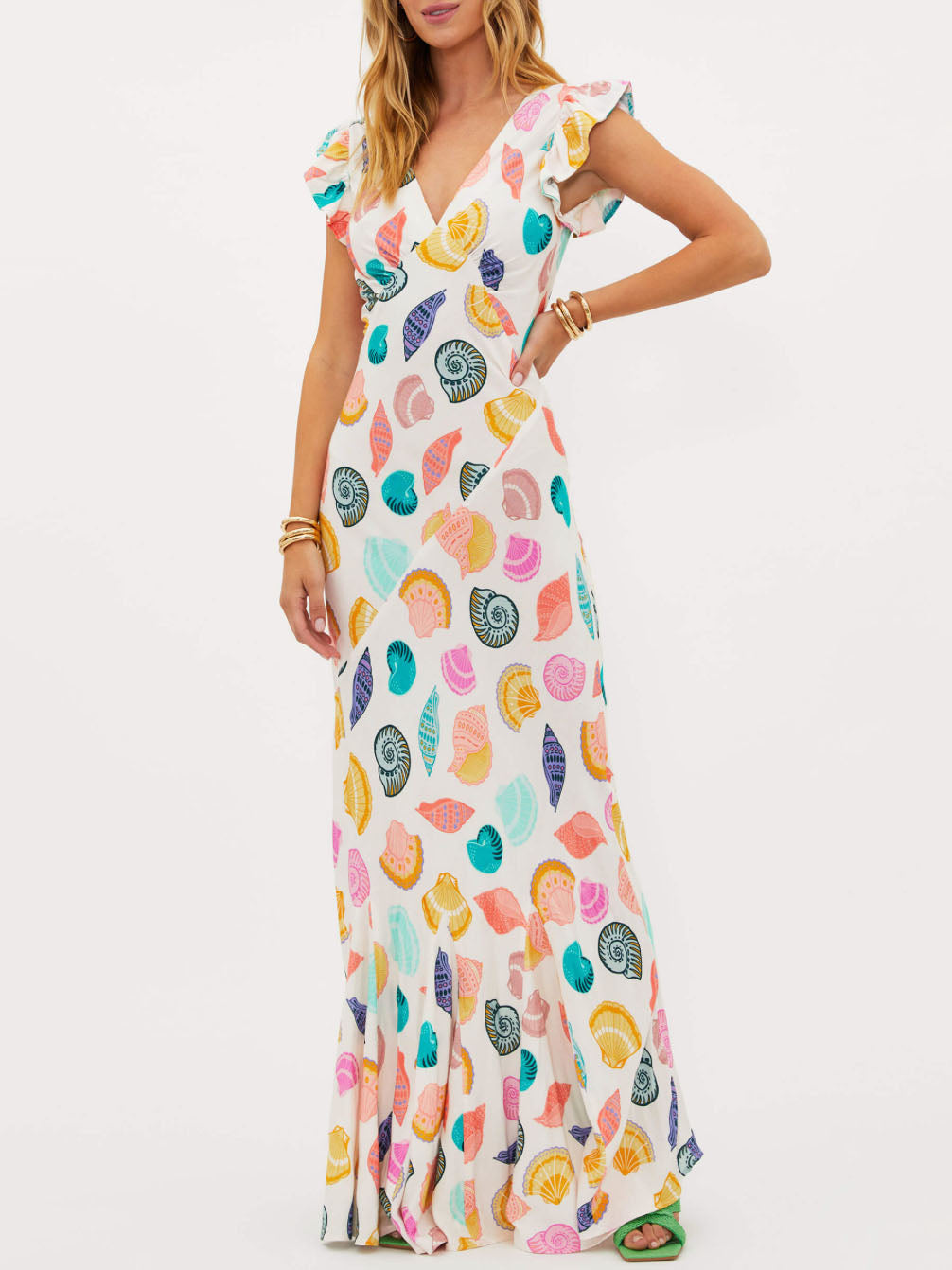 Exquisite Ocean Shell Print V Neck Maxi Dress