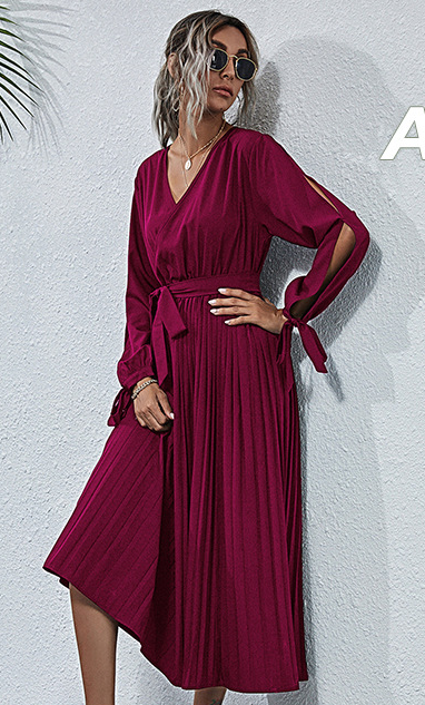 Josefa Satin Pleated Midi Dress Wine FINAL