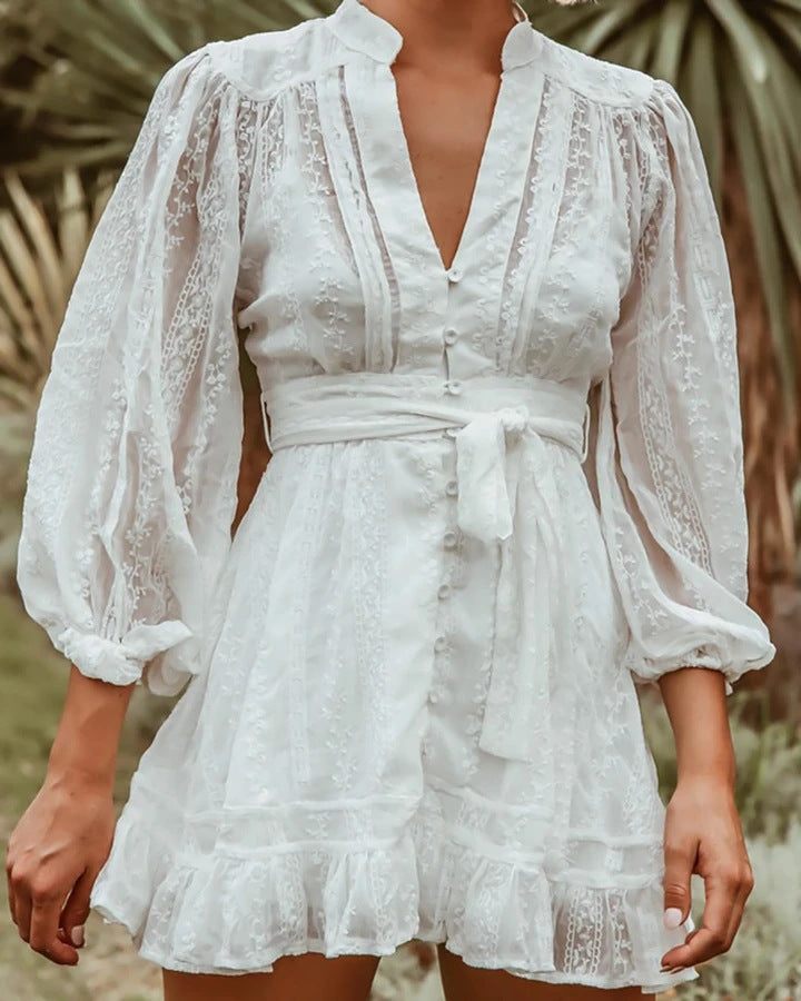 Trella Button Down Lace Babydoll Dress Cream