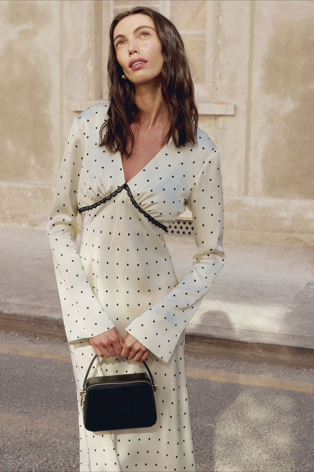 Satin Polka Dot V Neck A Line Midi Dress