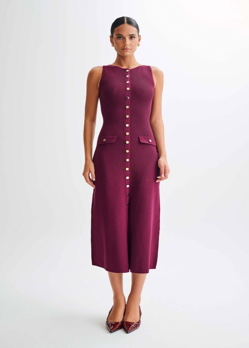 Juliette Ribbed Knit Button Midi Dress