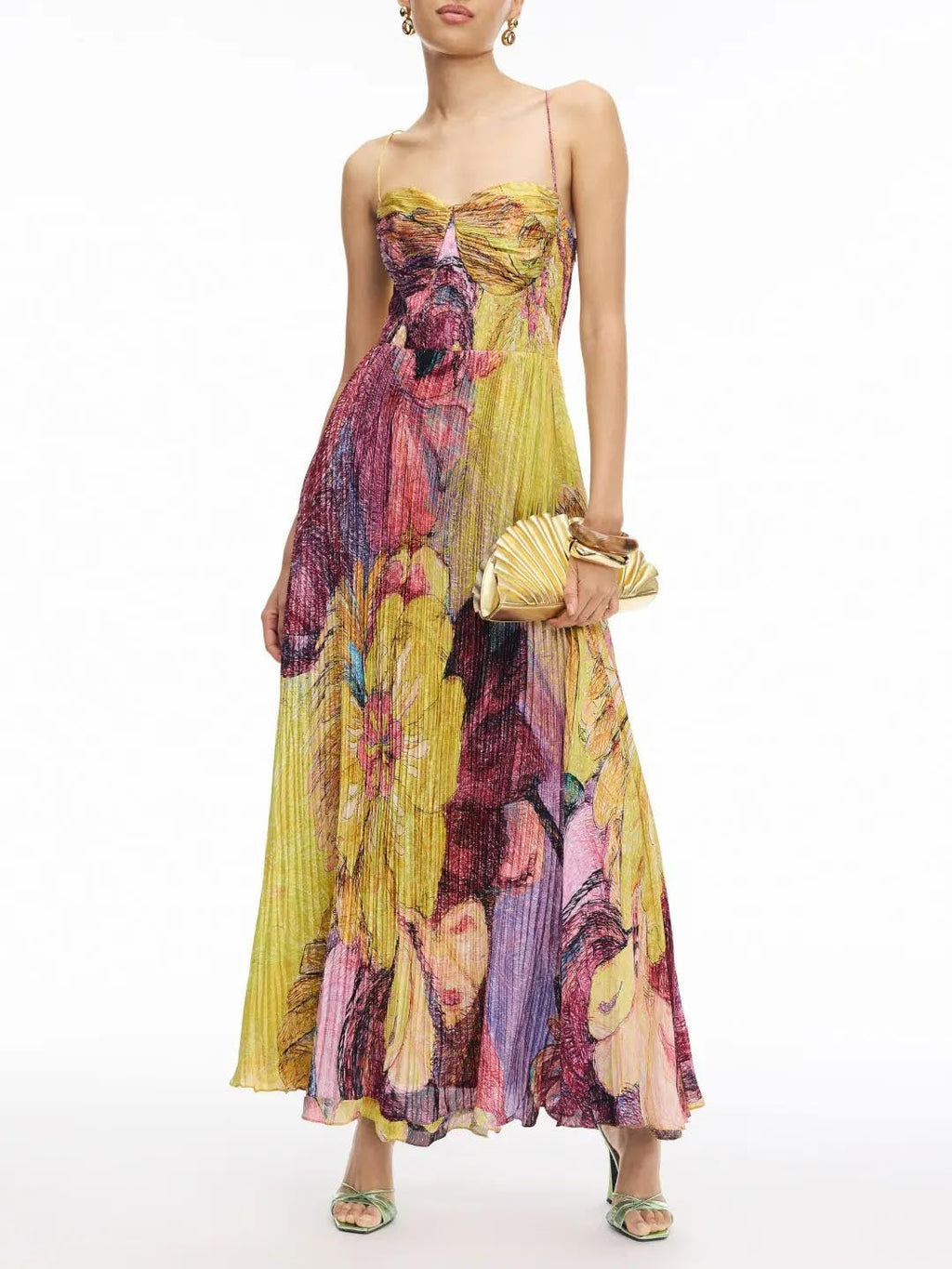 Vintage Art Hand Painted Floral Print Pleated Maxi Dress