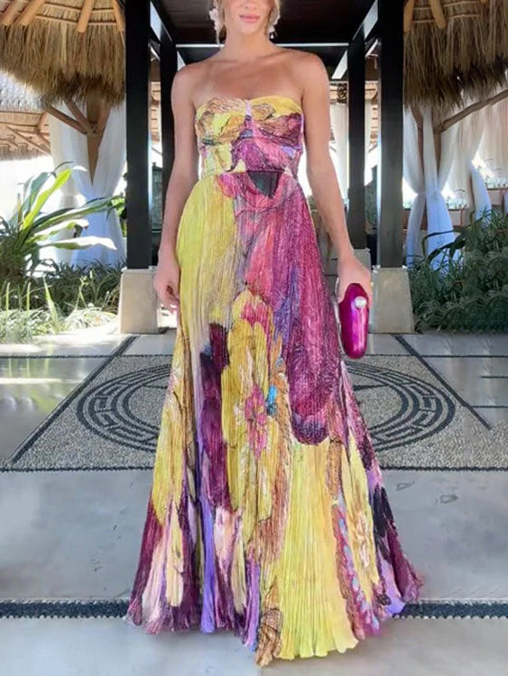 Vintage Art Hand Painted Floral Print Pleated Maxi Dress