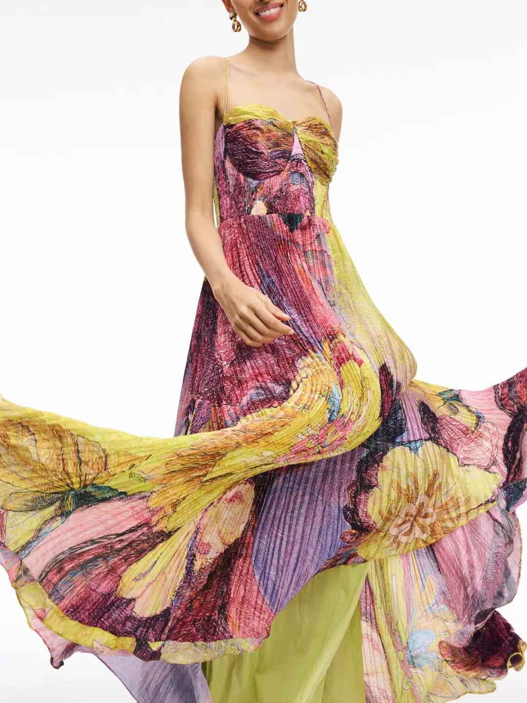 Vintage Art Hand Painted Floral Print Pleated Maxi Dress