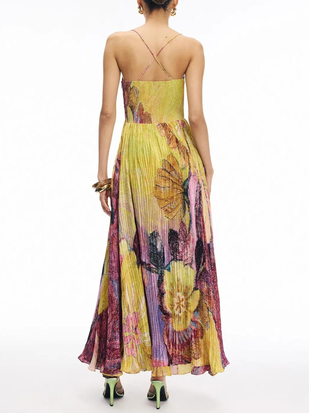 Vintage Art Hand Painted Floral Print Pleated Maxi Dress