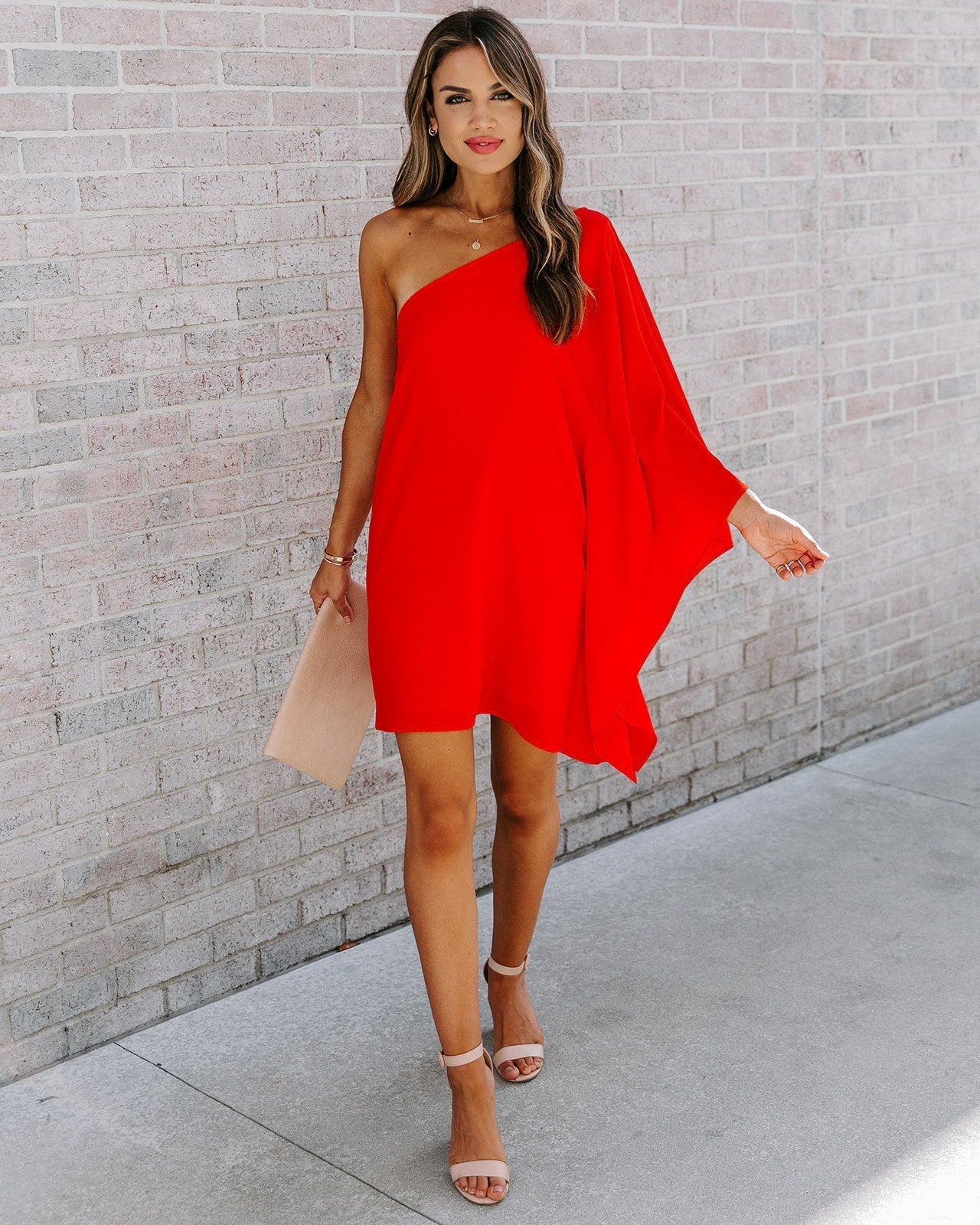 Side To Side One Shoulder Statement Dress Tomato Red