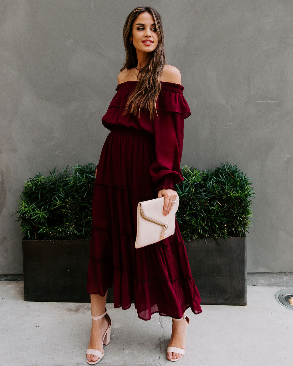 Alicia Off The Shoulder Tiered Midi Dress Burgundy