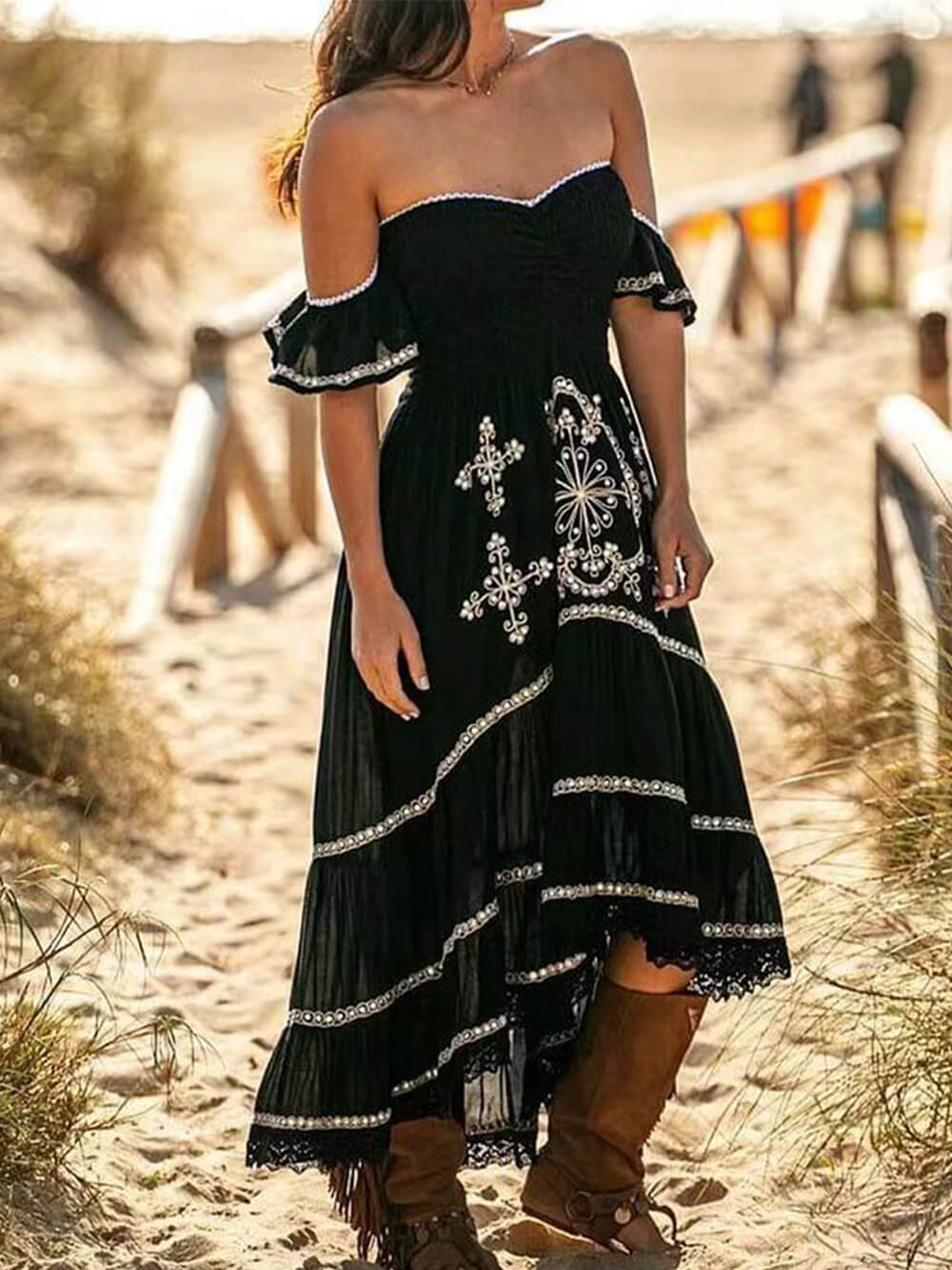 Lace Hem Slim Black Long Dress