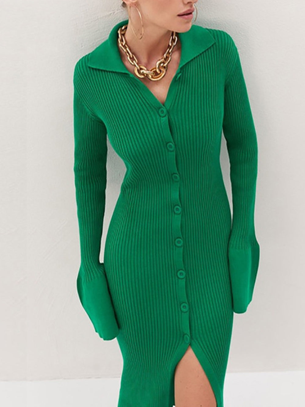 V Neck Long Bell Sleeve Sweater Maxi Dress