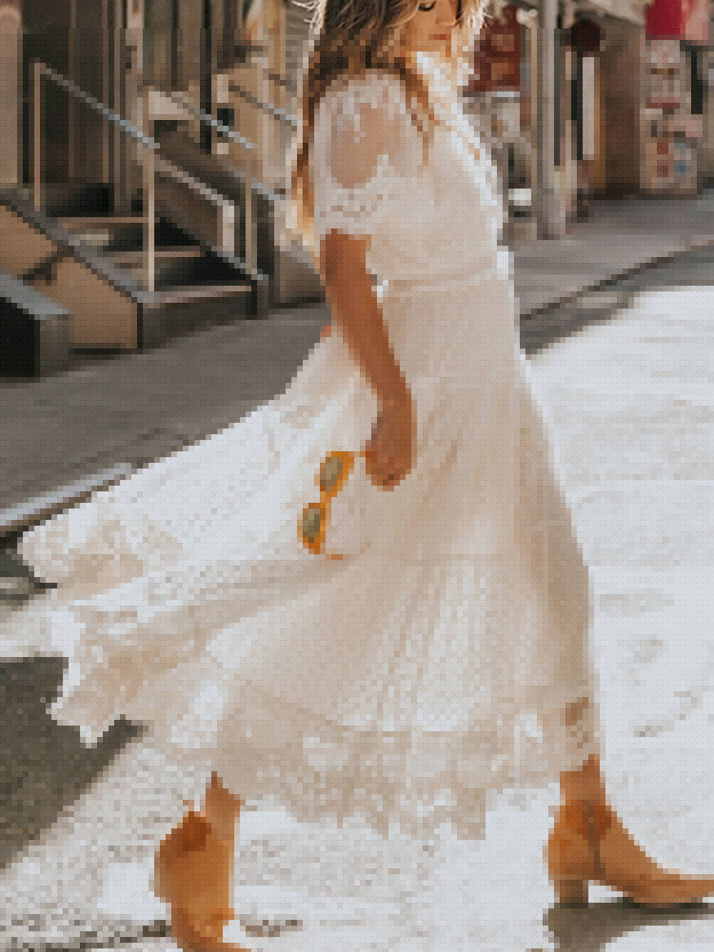V Neck Short Sleeve Lace Maxi Dress