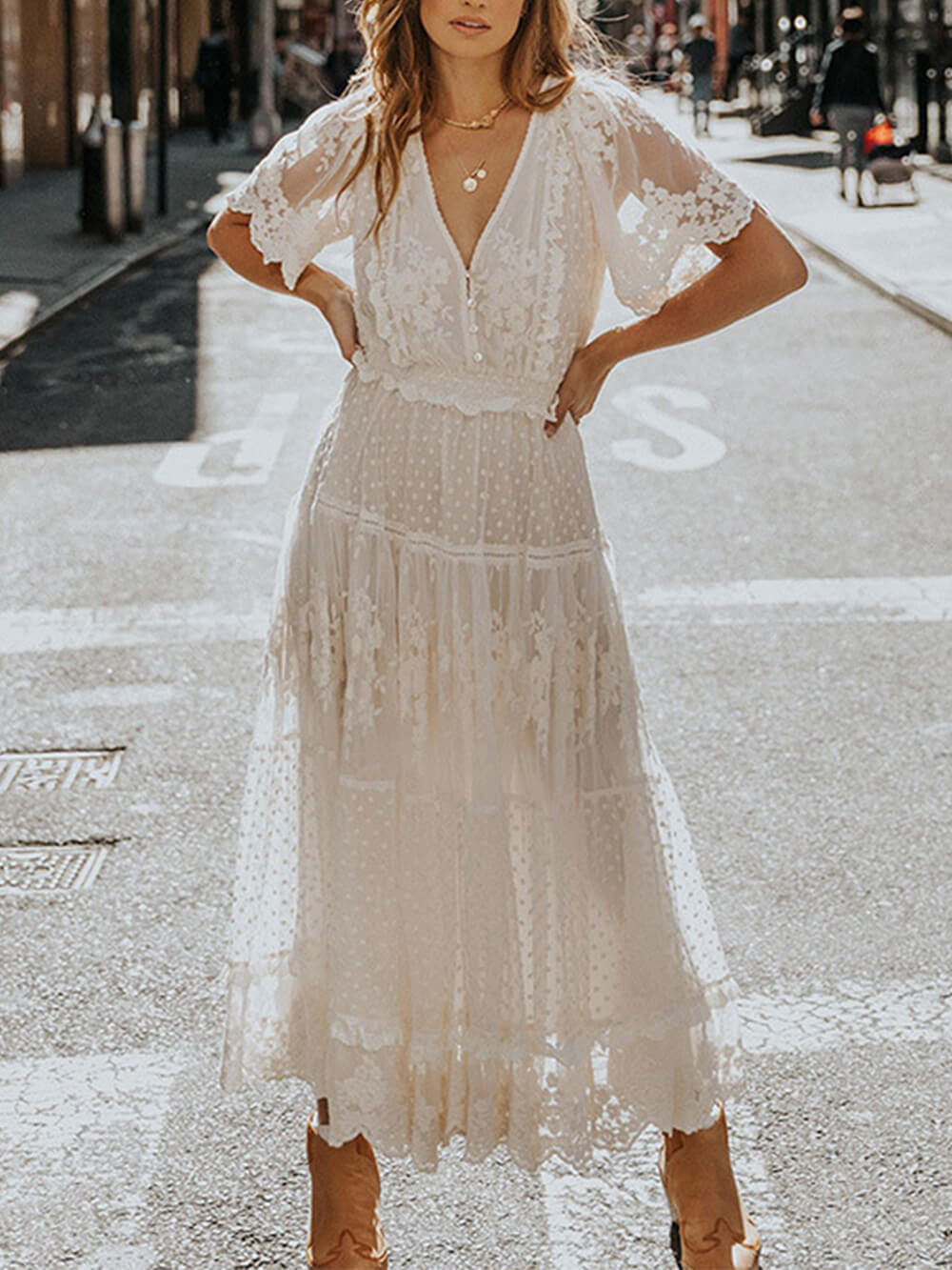 V Neck Short Sleeve Lace Maxi Dress