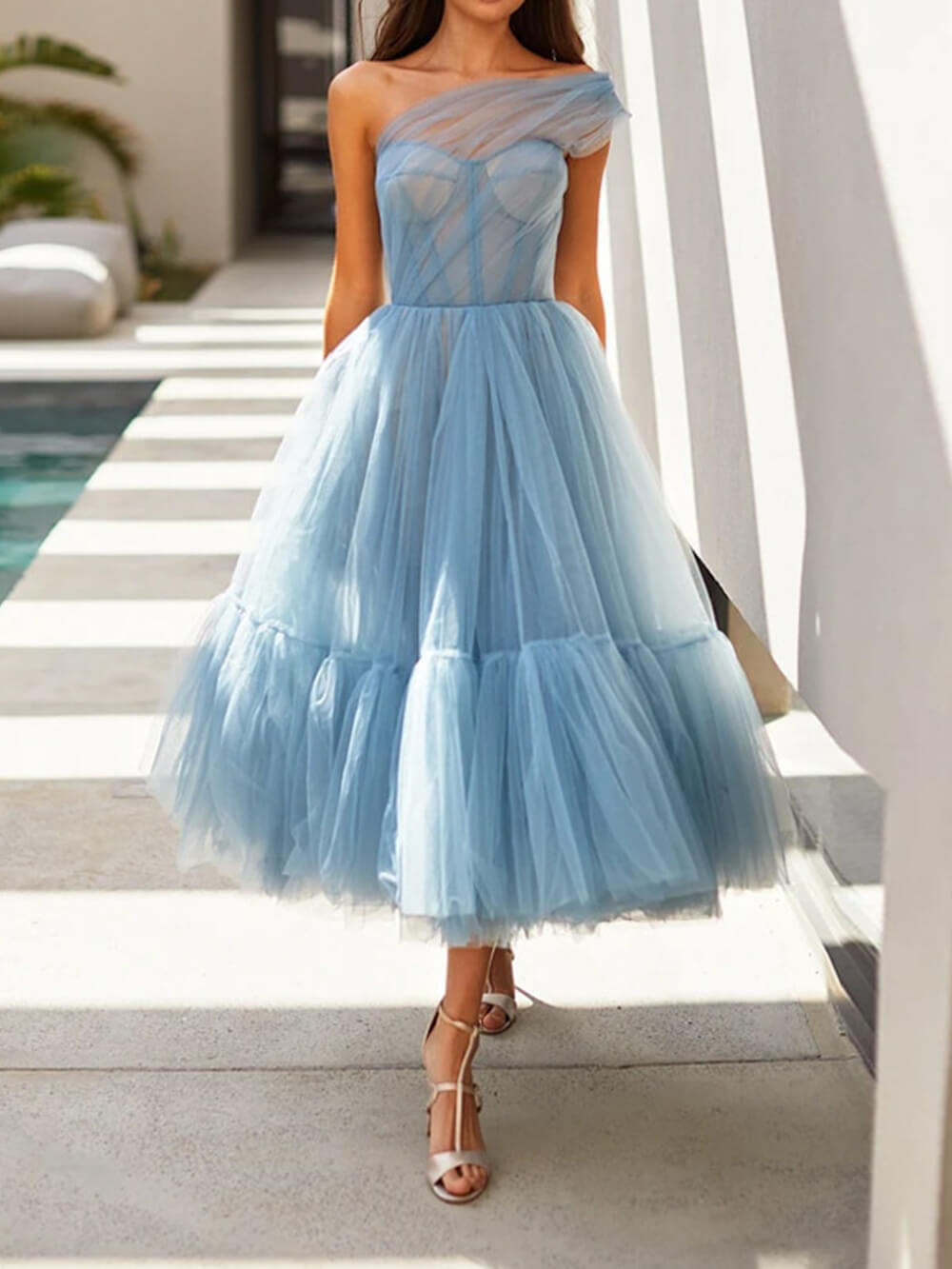 Off Shoulder Solid Color Elegant Gauze Midi Dress