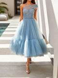 Off Shoulder Solid Color Elegant Gauze Midi Dress