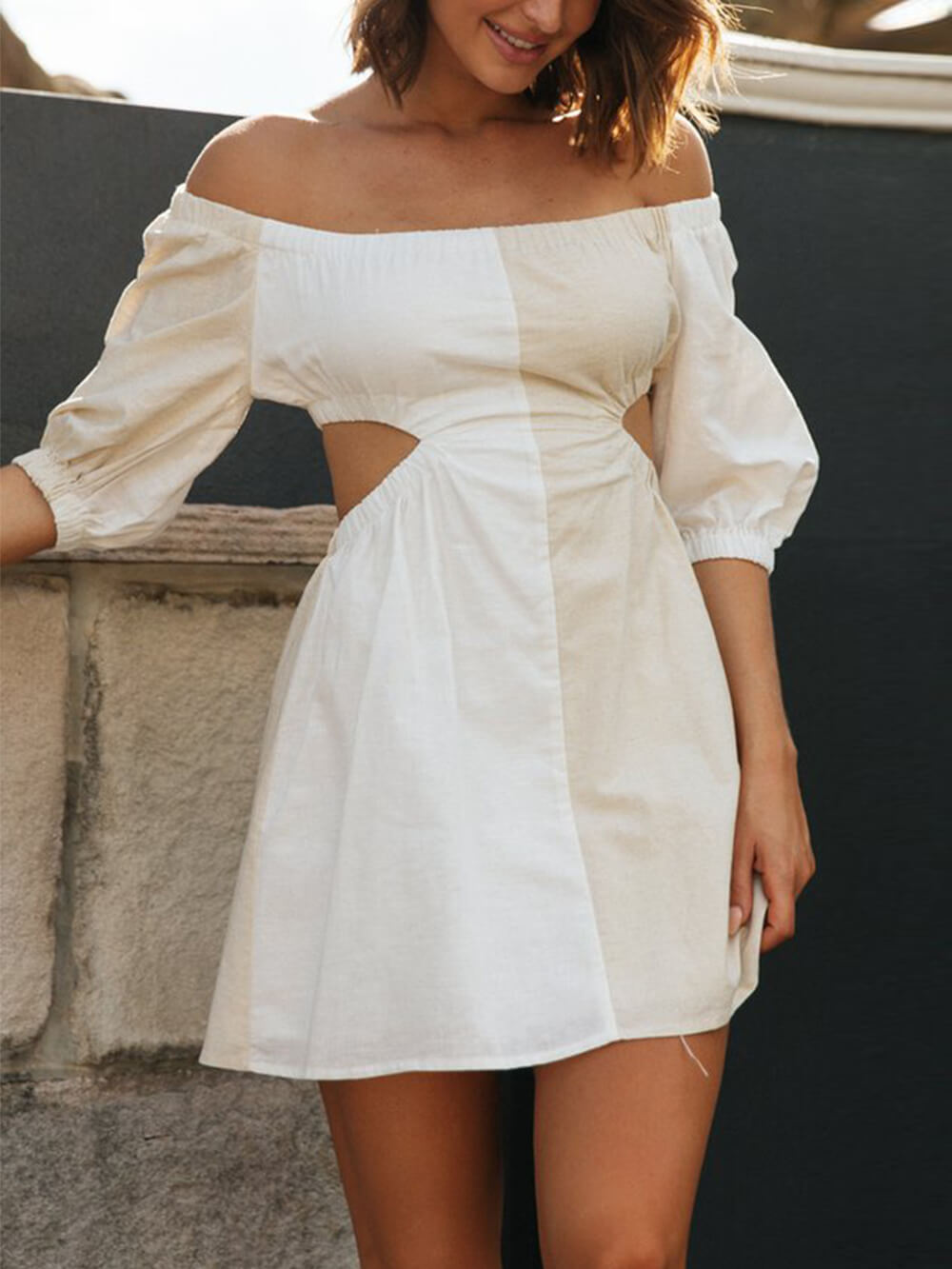 One Shoulder Off Waist Balloon Sleeve Mini Dress