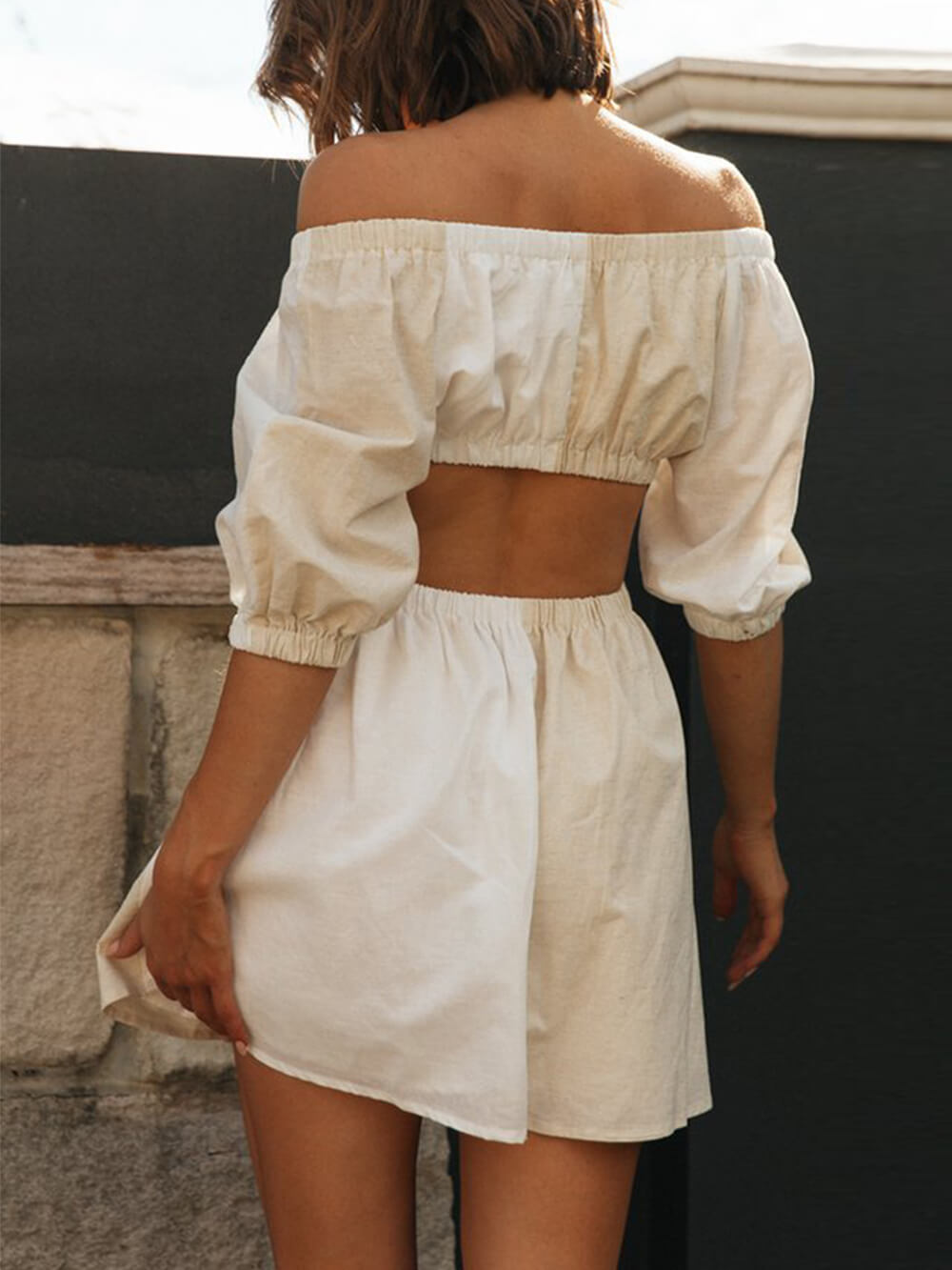 One Shoulder Off Waist Balloon Sleeve Mini Dress