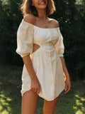 One Shoulder Off Waist Balloon Sleeve Mini Dress
