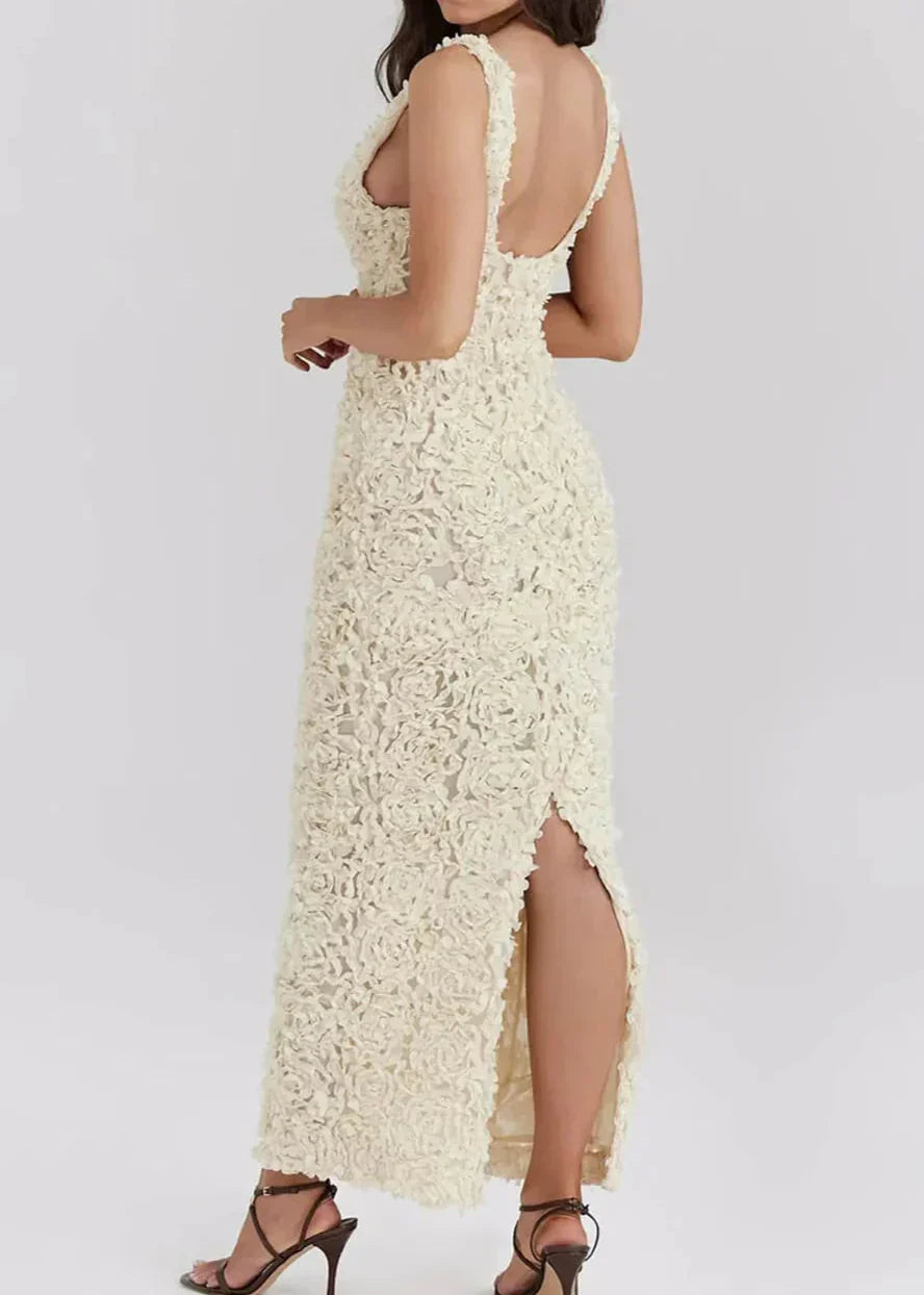 Ivory Petals TextuRed Plunge Maxi Dress