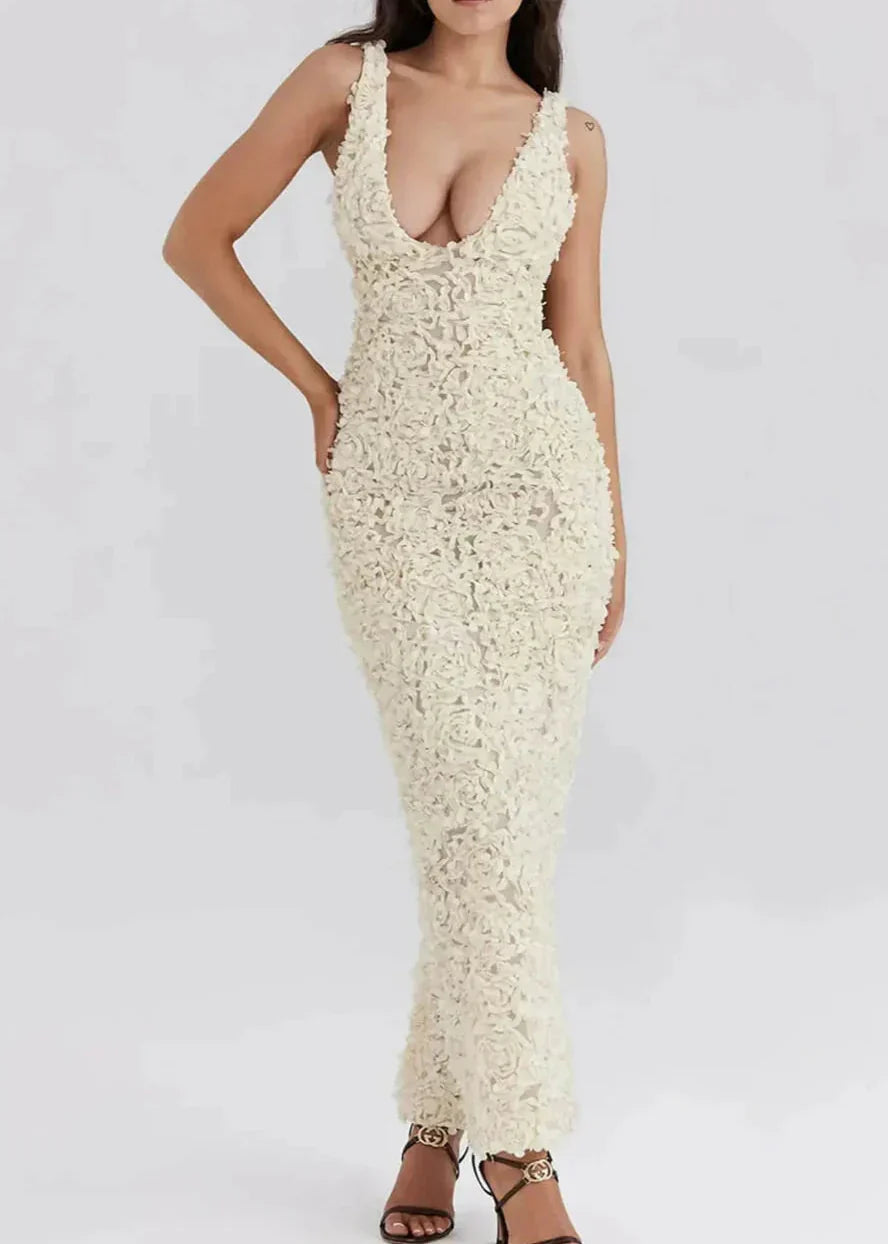 Ivory Petals TextuRed Plunge Maxi Dress