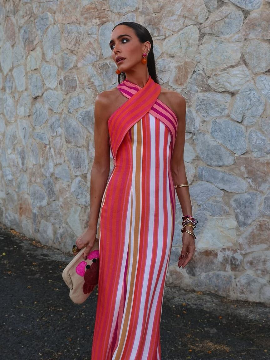 Sunset Samba Cross Halter Stripe Dress