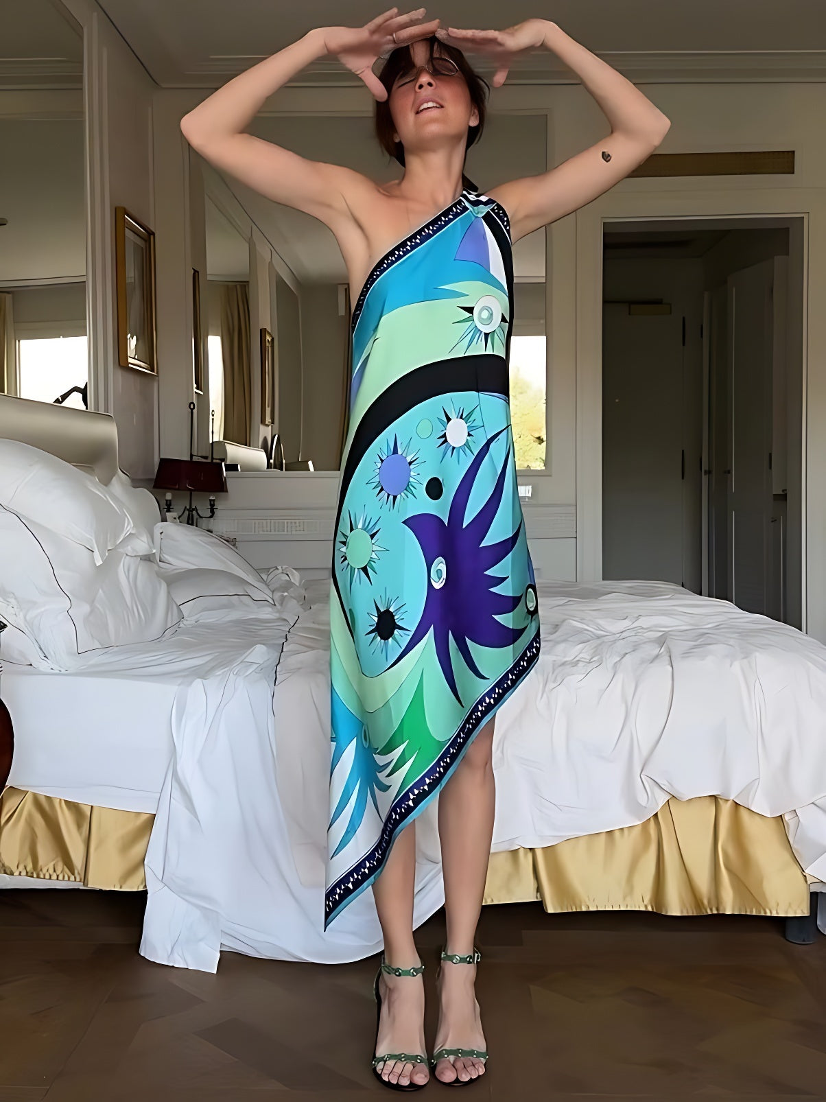 Stella Print Off Shoulder Asymmetric Midi Dress