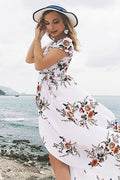 V Neck Asymmetrical Hem Lace-up Floral Dress - Mislish