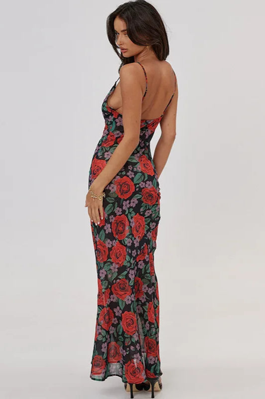 Floral Print Draped Sleeveless See Through Maxi Dress