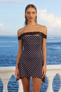 OffShoulder Lace Trim Polka Dot Bodycon Mini Dress
