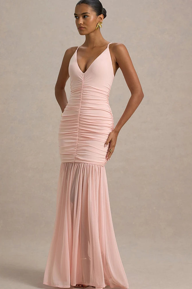 Patchwork V Neck Ruched Backless Maxi Dress
