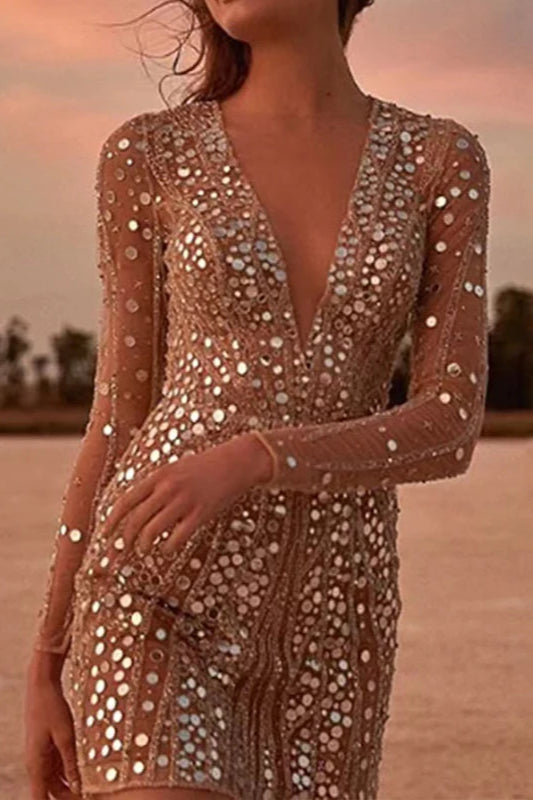 Sexy Deep V Neck Sequin Mini Dress