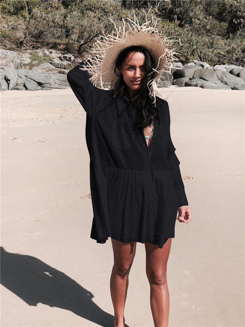 Dodie Cotton Pocketed Puff Sleeve Babydoll Dress Black