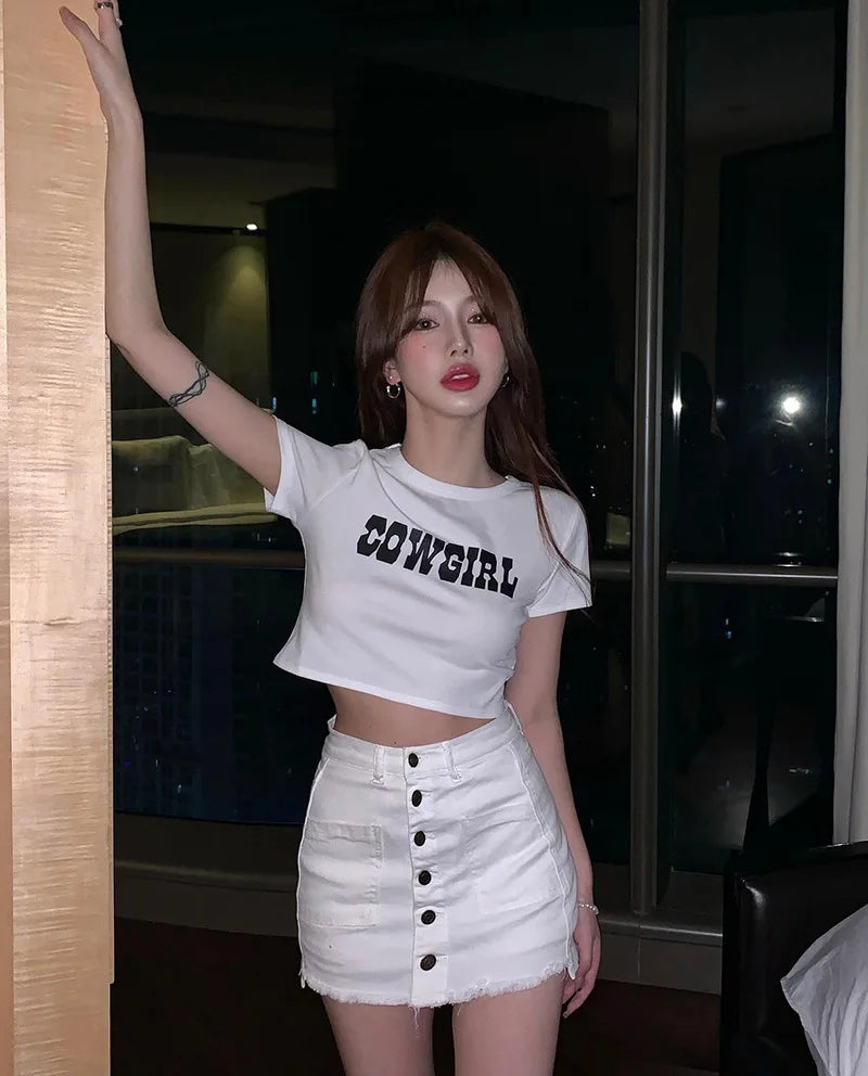 2024 Harajuku "Cowgirl" Print Slim Crop Top