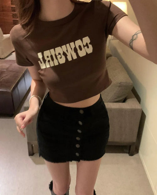 2024 Harajuku "Cowgirl" Print Slim Crop Top