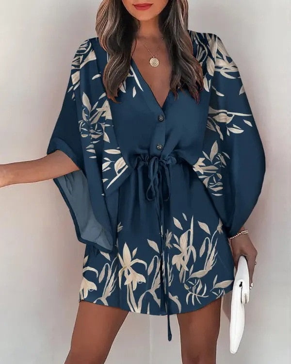 Casual Flora Print Batwing Sleeve LaceUp Dress