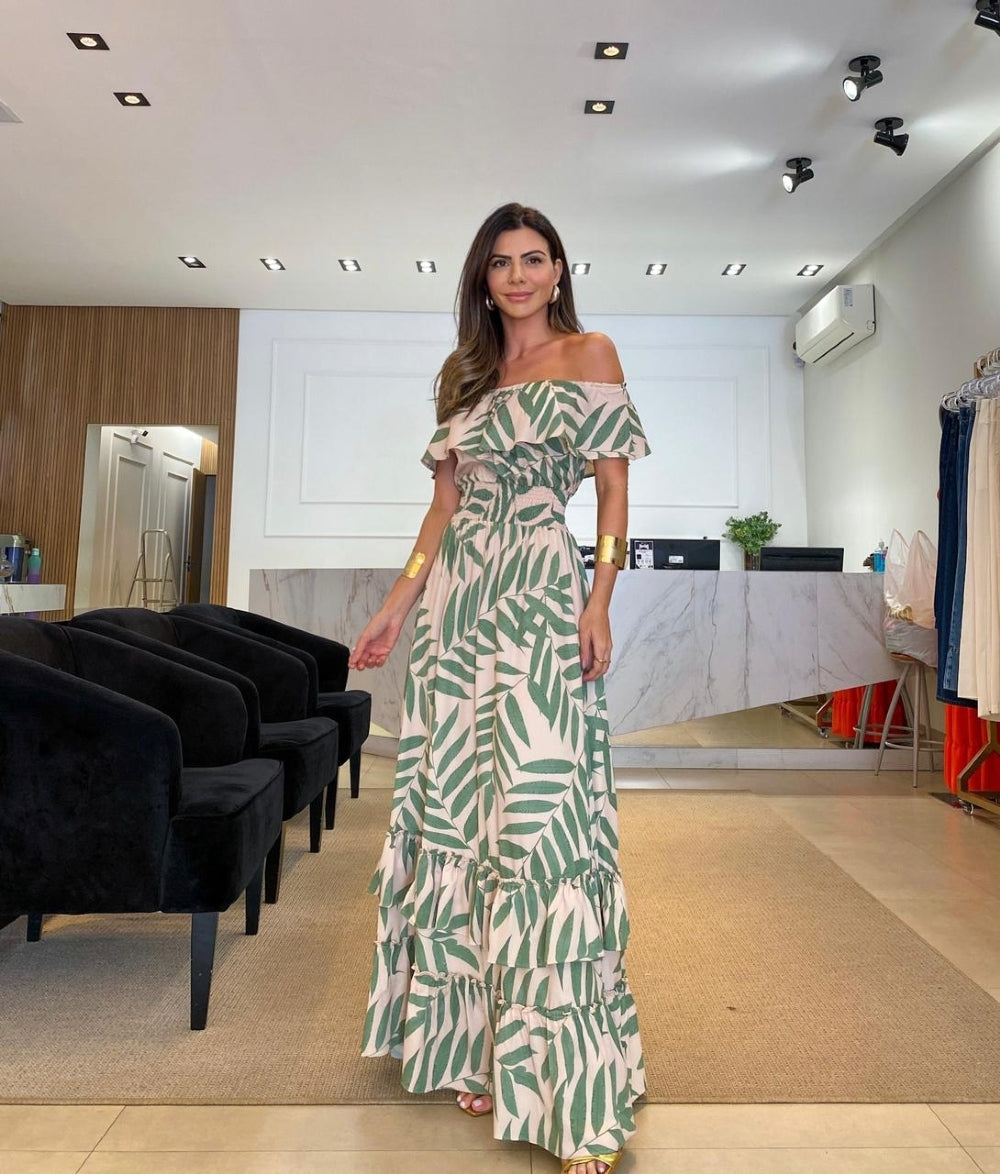 One Sleeve Palm Printed Self Tie Tiered Maxi Dress