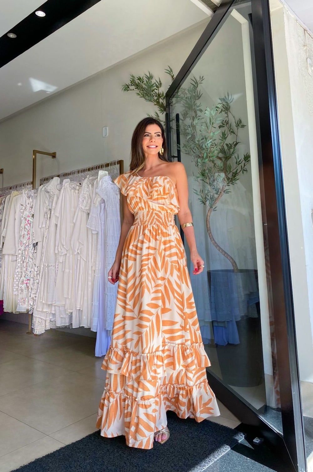 One Sleeve Palm Printed Self Tie Tiered Maxi Dress