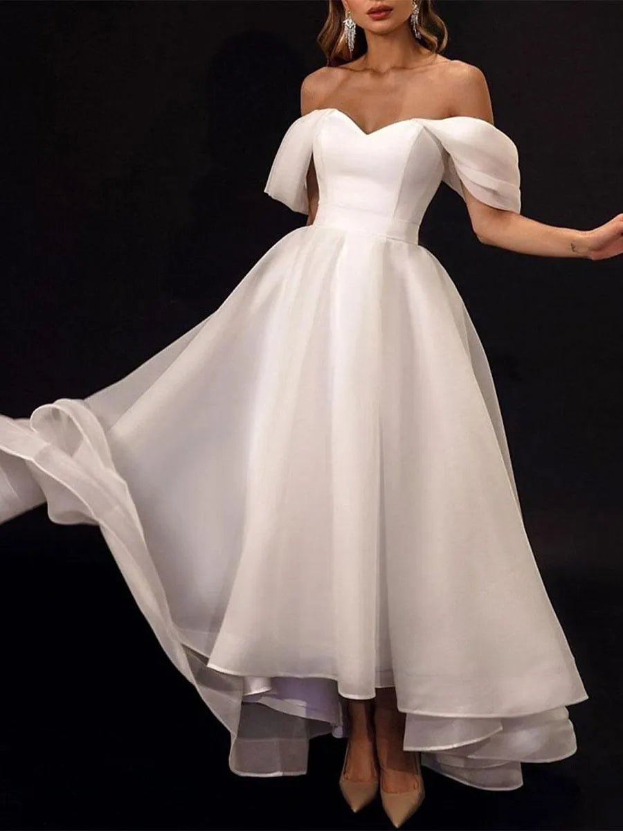 Ivory Short Strapless Off-the-Shoulder Wedding Dress Vestido De Novia Satin Mermaid Bow Satin Court Train Sleeves White Modern Bridal Princess Gown
