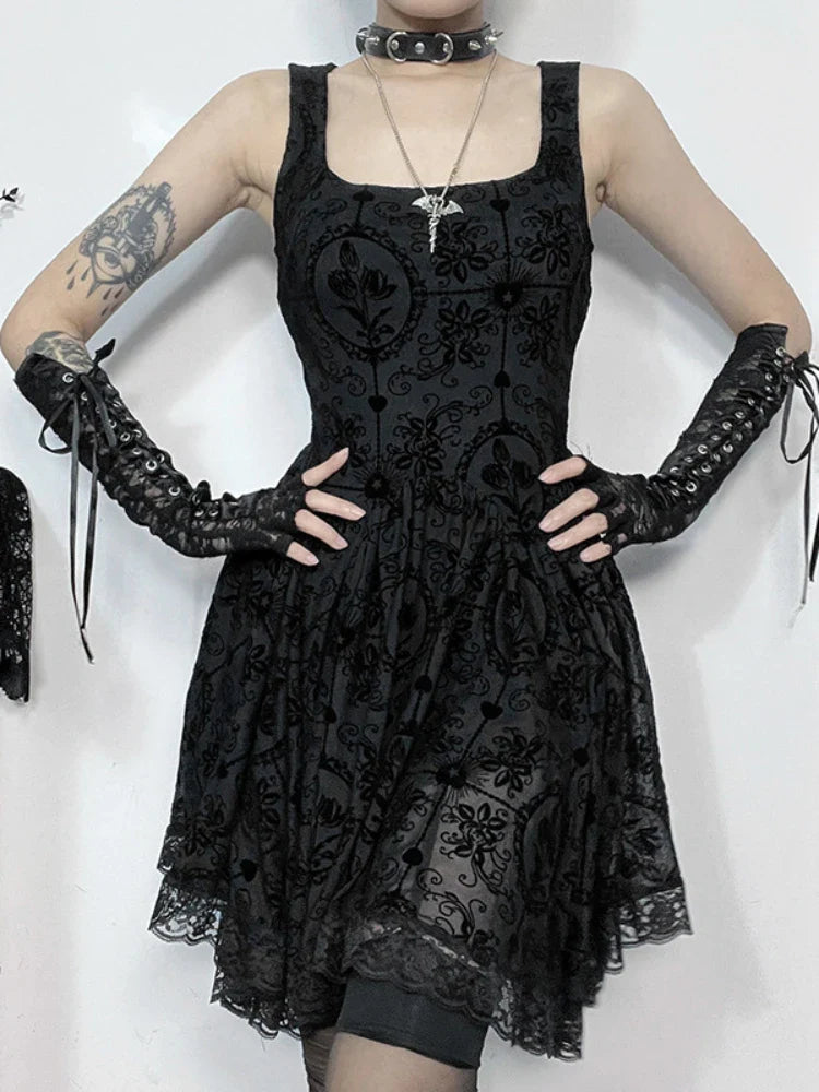 2024 Summer New Harajuku Retro Wrapped Hip Mini Dress Y2K Vintage Gothic Punk Dark Style Tie Up ALine Dress