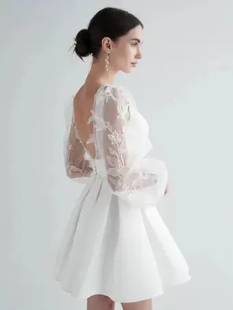Short Wedding Dress V Neck Long Sleeves A-Line Short wedding dresses Bow Satin Court Train Sleeves White Modern Bridal Vestido De Novia Princess Gown Satin Mermaid