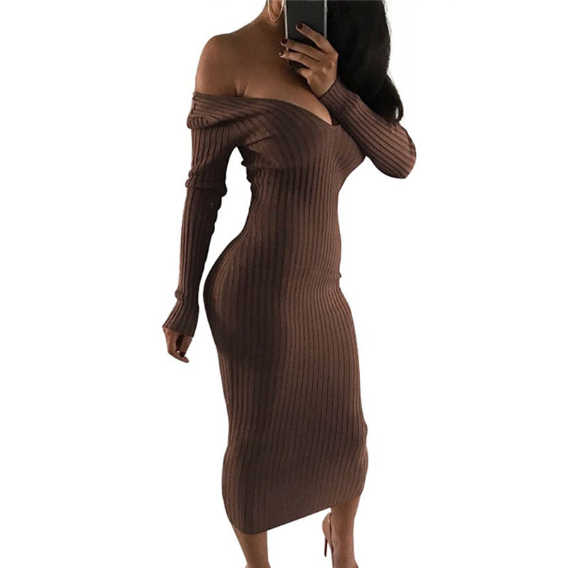Rissa Off The Shoulder Ribbed Knit Dress Chocolate