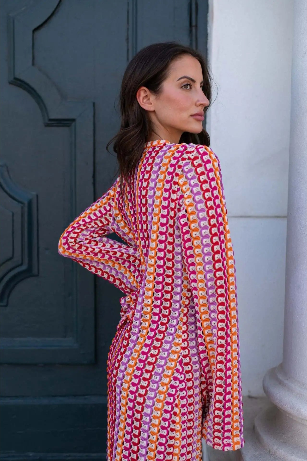 Crochet Colorful Stripe V Neck Flare Sleeve Maxi Dress