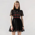 Gothic Lace Spliced Plaid Sexy A Line Short Sleeve Dress