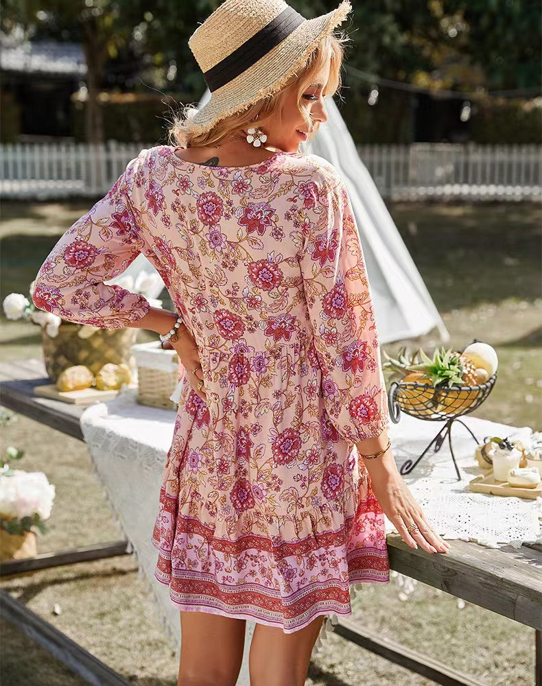 V neck Printed Casual Bohemian Short Dress